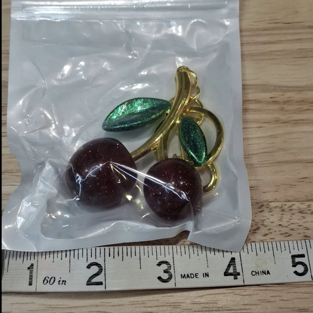 Cherry Keychain/Bag Charm with Gold & Green Accents